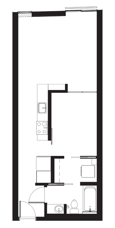 a small floor plan of a room with a bedroom and a kitchen and a bathroom